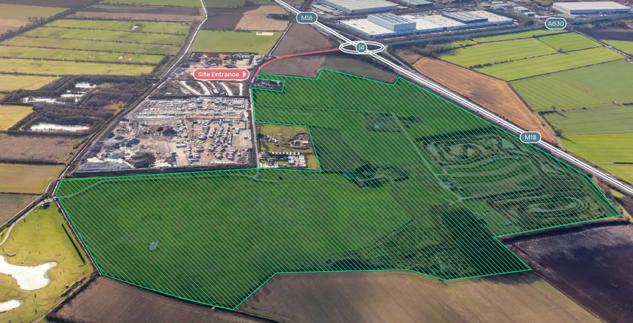 Aerial photograph of the West Moor Park East site outlined in green, with the M18, Junction 4, the A630 and the site entrance marked
