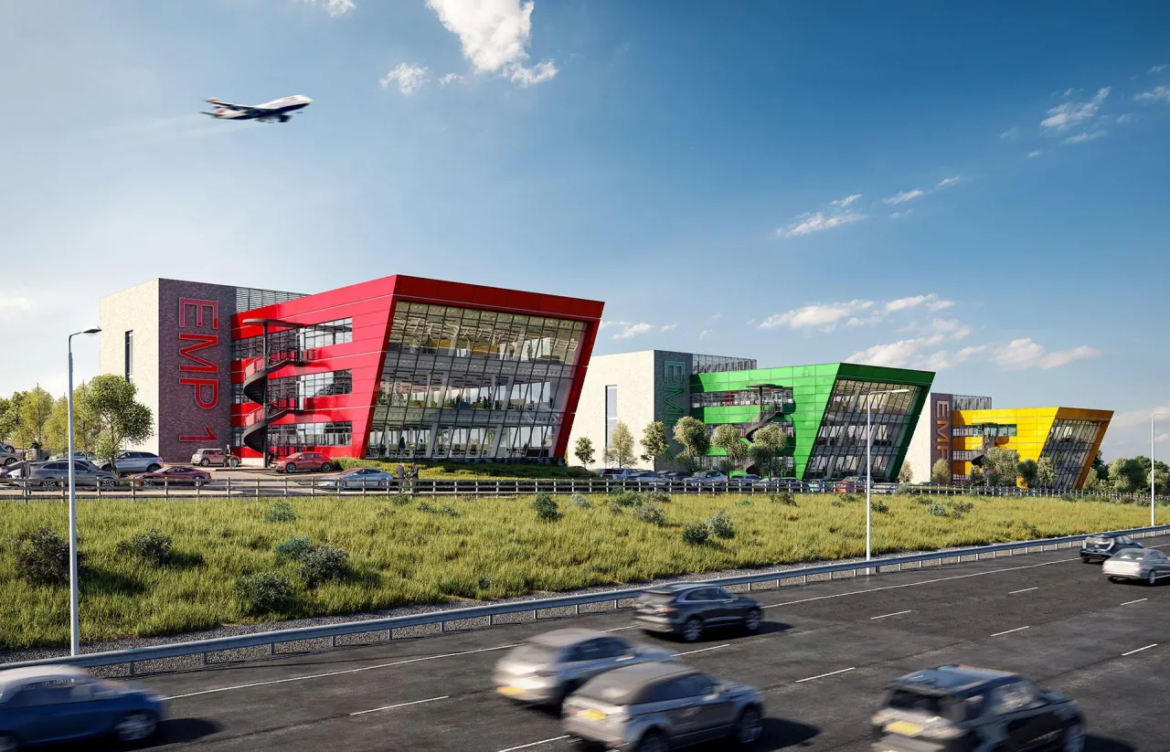 CGI of EM Point, Donington: office buildings with red and green feature facades beside the M1
