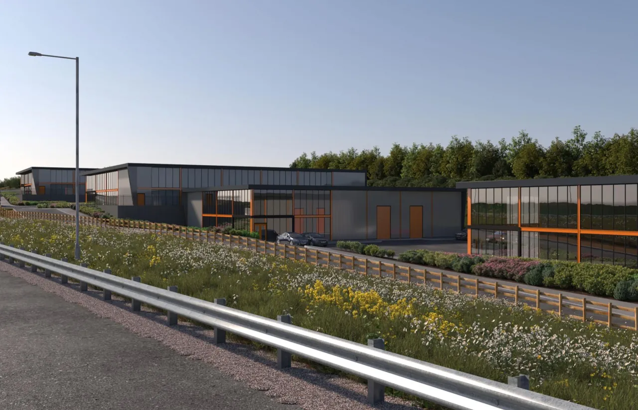 CGI of EM Point, Donington: the buildings seen from the motorway