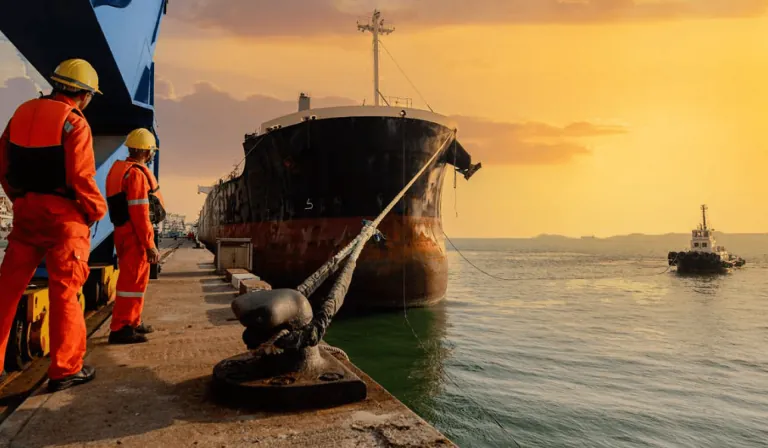 Dock workers mooring a cargo ship at sunset