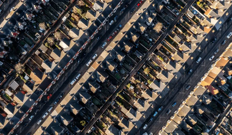 Aerial view of terraced streets of houses