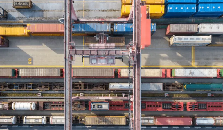 Aerial view of a rail freight terminal with container trains